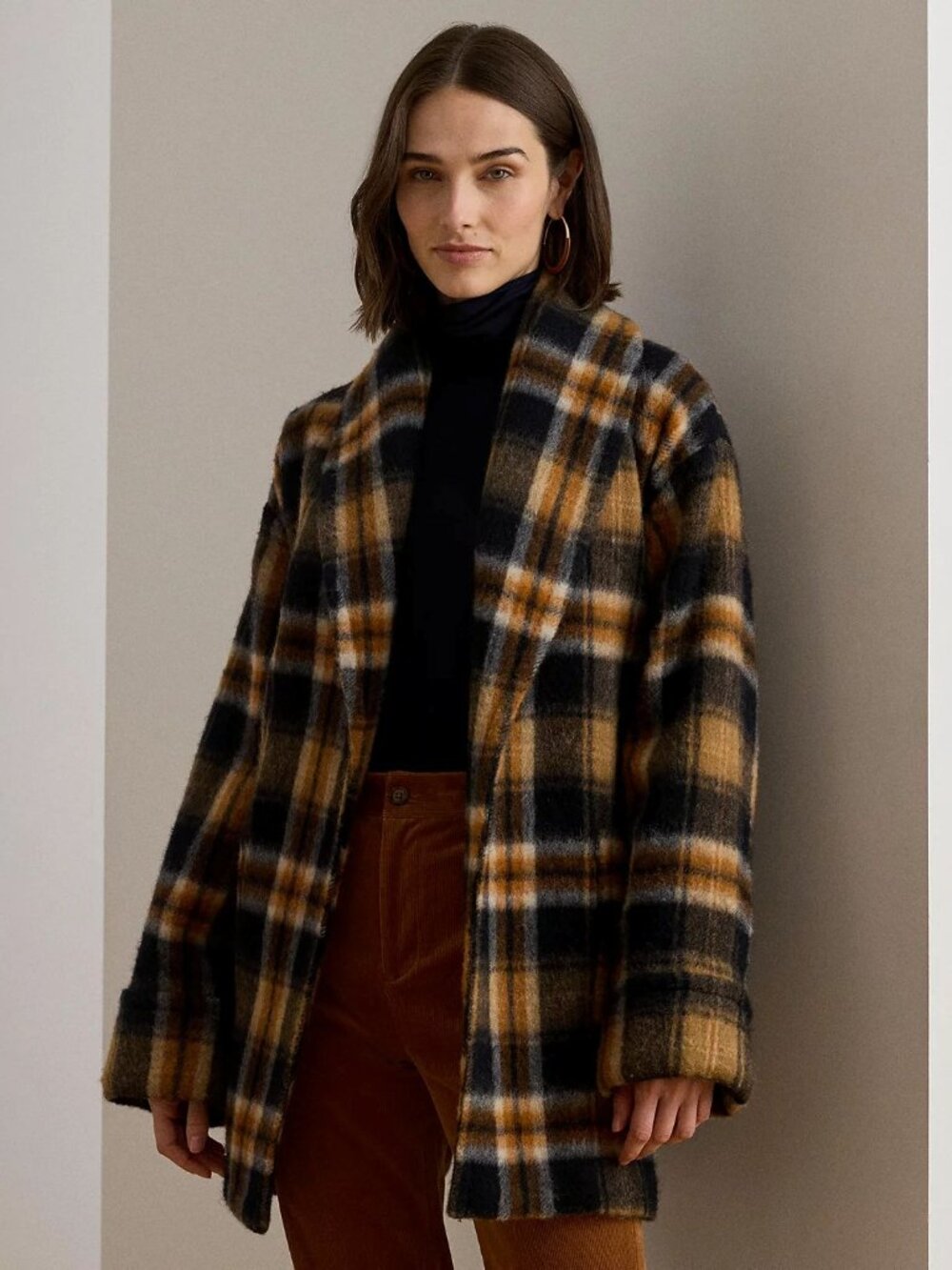 Lauren Ralph Lauren Brushed Wool Plaid Shawl Collar Wrap Jacket